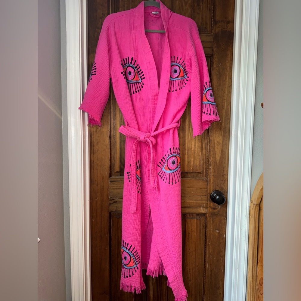 Hand Made with Love Pink Evil Eye Bathroom Robe, Beach Cover up, Loungewear